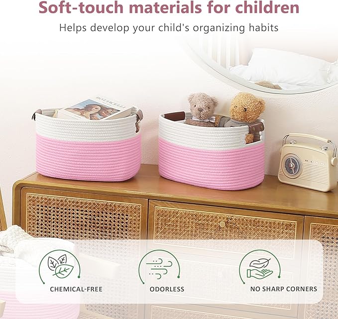 Cotton Rope Basket , Storage Baskets with Handle, 15x10x9 Inch Woven Basket for Shelves, Laundry, Towels, Clothes, Books, Toys (White/Pink 2Pack)-NeatNest