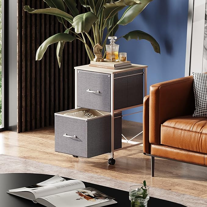 DEVAISE 2 Drawer Mobile File Cabinet, Rolling Printer Stand, Fabric Vertical Filing Cabinet fits A4 or Letter Size for Home Office, Light Grey-NeatNest