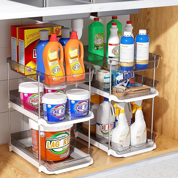 Delamu 2 Sets of 3-Tier Bathroom Under Sink Organizers and Storage, Multi-Purpose Stackable Pantry Organization and Storage, Grey-NeatNest