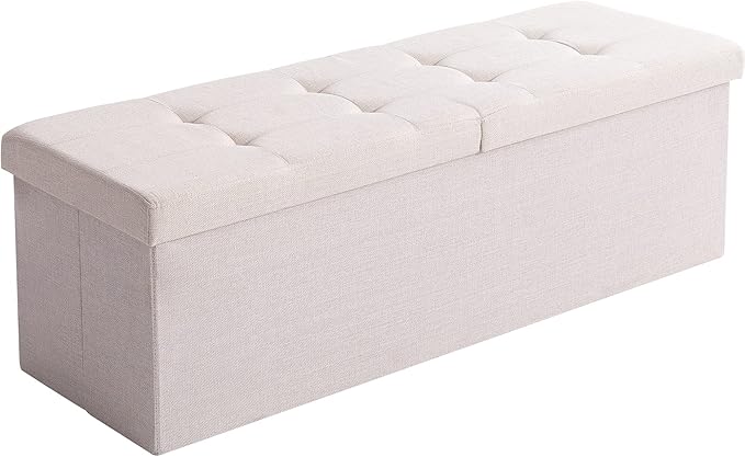 CUYOCA Shoe Storage Ottoman Foldable Seat Footrest Tufted Bench End of Bed Storage with Flipping Lid, 166L Storage Upholstered , Linen Fabric Beige, 45.3 Inches-NeatNest