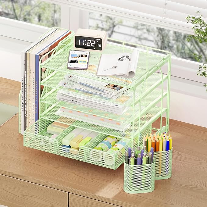 Desk Organizers and Accessories, 5-Tier Paper File Organizer with Drawer & Pen Holder, Office Desk Accessories Workspace Desktop Organizer for Office Supplies((Green)-NeatNest