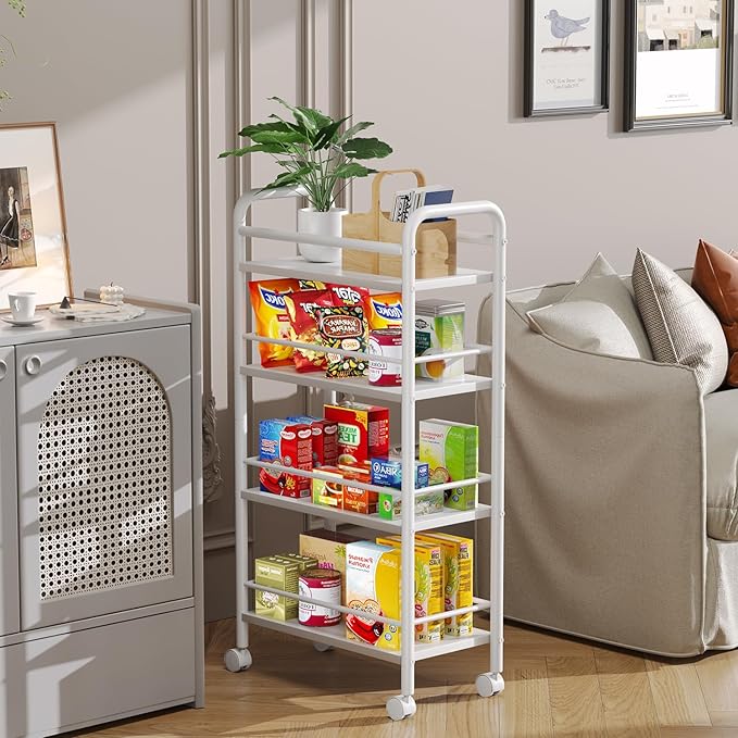 Slim Storage Cart, 4 Tier Small Rolling Bathroom cart Metal and Wood Skinny Utility Cart on Wheels for Narrow Kitchen Laundry Room White