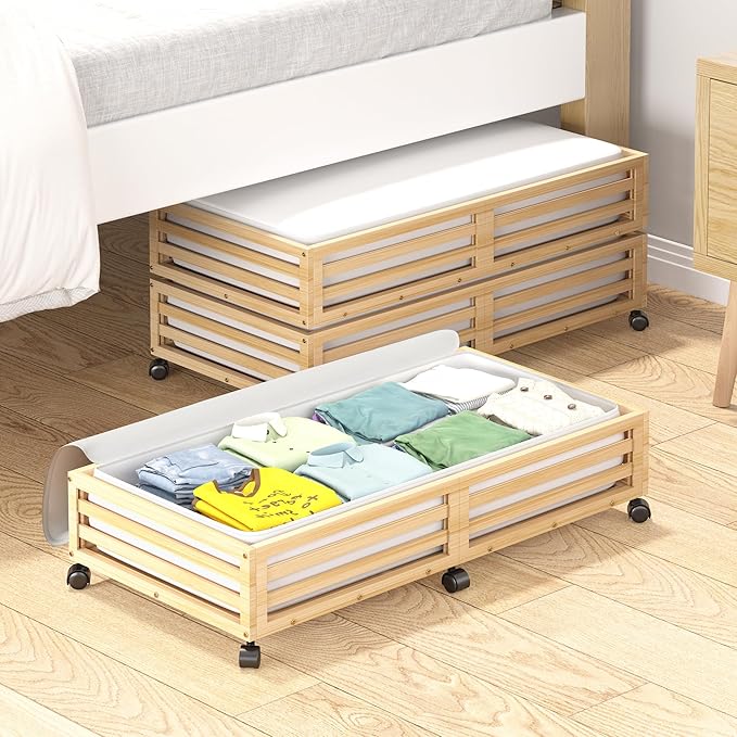 Bamboo Under Bed Storage Containers- Underbed Organizer with Wheels with Large Capacity Dust Bag,Sturdy Wood Rolling Under Bed Shoe Storage Organizer 2 Packs (Nature, 2 Packs (33.07"×16.54"))-NeatNest