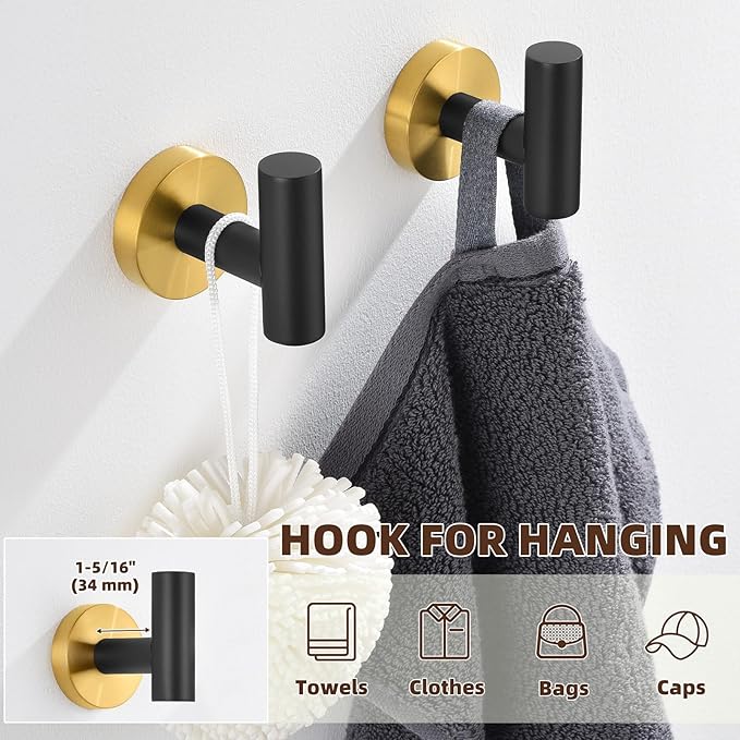 APLusee Robe Towel Hook 2 Pack Black Gold, 304 Stainless Steel Coat Hook, Bath Towel Hanger Wall Mounted