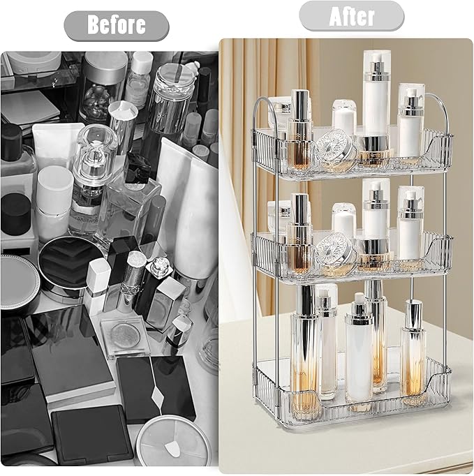 Bathroom Counter Organizer Countertop Storage Skincare Countertop Makeup Organizer Cosmetics Skincare Organizers Holder for Perfume-Grey-Silver Pole-3 Tier-NeatNest