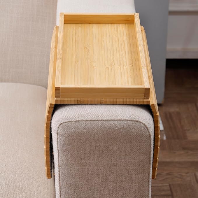 DETOR Couch Arm Tray, Foldable Sofa TV Tray with Capacious 12.4" x 5.4" Storage Box, Natural Bamboo Finish, Enhanced Nonslip Felt Bottom, Sturdy Bamboo Slats Material | for Armrests 6" and Wider-NeatNest