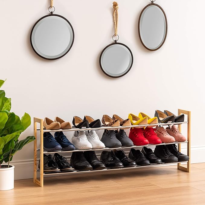 IRIS USA 3-Tier Shoe Rack, Up to 15 Pairs, 25" - 46"L Extendable Shoe Shelf, for Entryway Mudroom, Extendable Shoe Organizer for Closet, Stackable Shoe Storage, Metal Shoe Shelf for Small Space