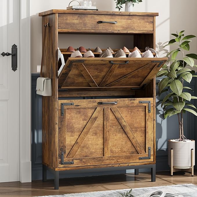 Shoe Storage Cabinet with 2 Flip Drawers, Narrow Shoe Cabinet for Entryway with 1 Top Drawer, Freestanding Hidden Shoe Rack Cabinet with Metal Legs for Foyer, Hallway (Rustic Brown)-NeatNest