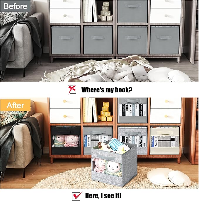 DIMJ Foldable Storage Boxes, Linen Closet Organizers and Storage, 6 Pack Closet Organizer Bins, Storage Cubes with Window, Closet Bins for Clothes, Toys, Books, Blanket (Beige)-NeatNest