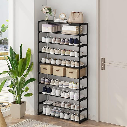 Calmootey 10-Tier Shoe Rack, Tall Large Capacity 50 Pairs Shoes Storage Organizer, Stackable Wide Shoe Shelf for Entryway, Hallway, Black-NeatNest