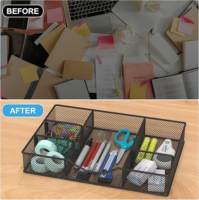 Desk Drawer Organizer Tray, Metal Mesh Drawer Organizers Office, 6 Adjustable Compartment, Desk Organizer Tray for Home Office 12 x 8.26 x 1.96 inch, Black, 1 Pack-NeatNest