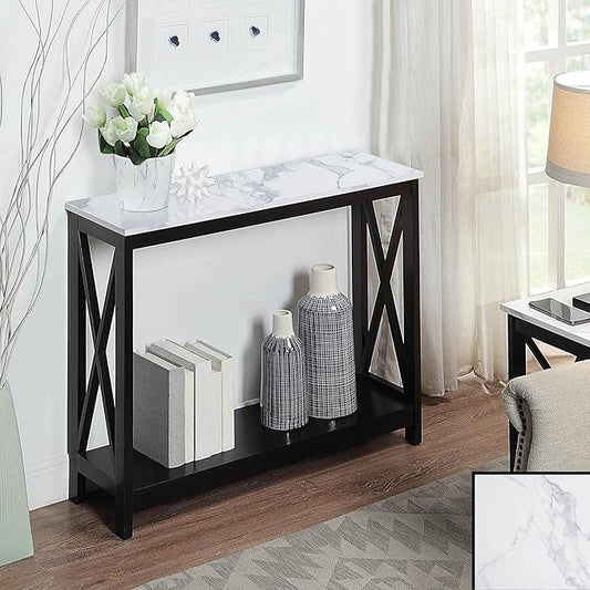 Convenience Concepts Oxford Console Table 39.5" - Sofa Table with Storage Shelf, Transitional Entryway Hall Table for Living Room and Bedroom, Display Foyer Table, White Faux Marble/Black-NeatNest