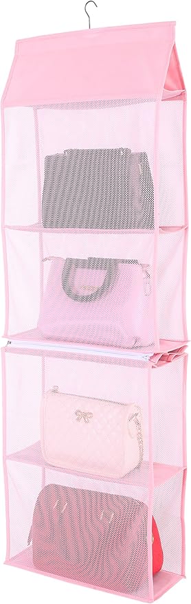 Detachable 4 Compartment Organizer Pouch Hanging Handbag Organizer Clear Purse Bag Collection Storage Holder Wardrobe Closet Space Saving Organizers System for Living Room Home Use (Pink)-NeatNest