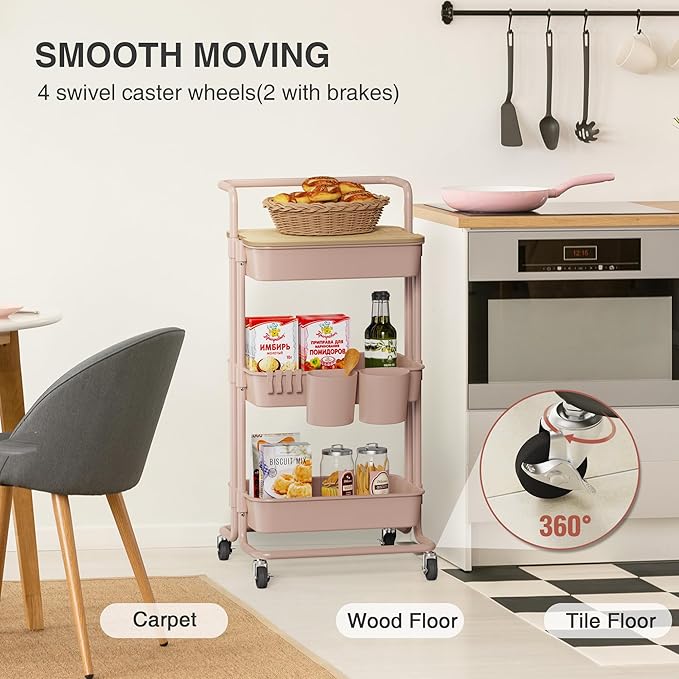 DTK 3 Tier Rolling Utility Cart with Cover Top Board, Movable Kitchen Storage Cart Trolley with Lockable Wheels, Cups, Hooks for Kitchen Bathroom Home Office Art Craft Storage and Organization(Pink)-NeatNest