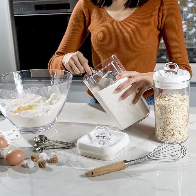 Felli Flip Tite Acrylic Food Storage Container with Lid 6” XL Air Tight Ring Seal Flip Top, Plastic Kitchen Baking Canister for 5 lb Flour Sugar Rice Protein Powder Pantry Organizer (Nest-M, White)-NeatNest