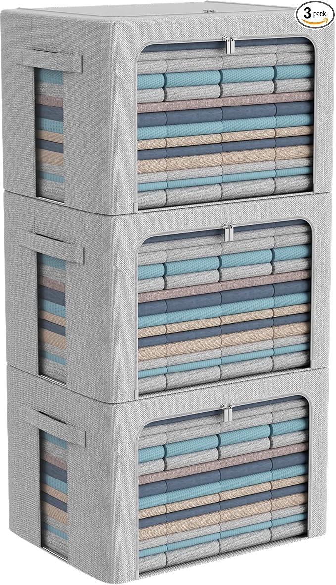3Pack Foldable Storage Bins - Frame Storage Box Linen Fabric Stackable Clothes Container Organizer with Clear Window & Carry Handles Large Capacity (Large-66L, Light Grey)-NeatNest