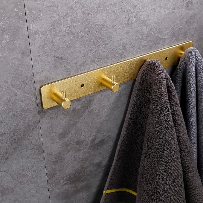 Adhesive Bathroom Gold Hook Rail, 4 Brushed Gold Wall Key Hooks Rack Hanger Towel Robe Stick Door Hooks for Bathroom Toilet Entryway Hallway Kitchen Wall Mounted