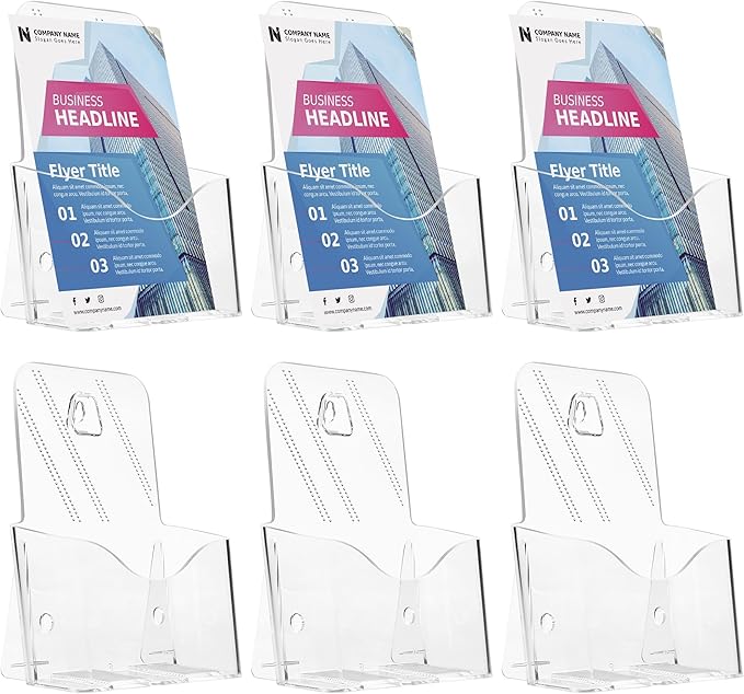 Acrylic Brochure Holder 8.5 x 5.5 Inches, 6-Pack Clear Plastic Display Stand for Half-Fold Flyers, Pamphlets, Menus, Trifold Literature, Wall Mount or Countertop Use