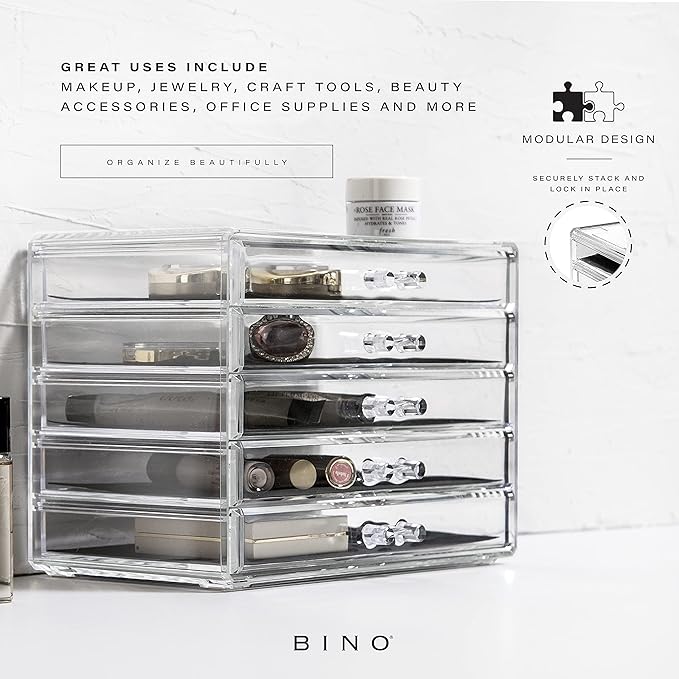 BINO THE MANHATTAN SERIES Acrylic Makeup Drawer Organizer- 5 Drawers | Clear Beauty Organizers and Storage| Cosmetic & Makeup Drawer| Home Organization| Jewelry & Vanity Accessories Drawers-NeatNest