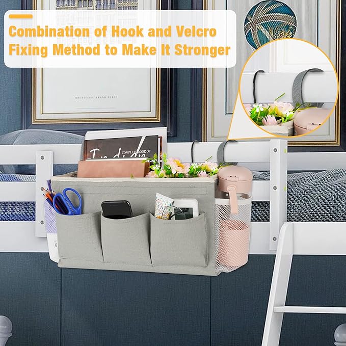 Bedside Storage Organizer with Fixed Straps and Water Bottle Holder for Home, College, Dorm, Bunk / Hospital Bed, Crib Bed Rails (Grey)-NeatNest