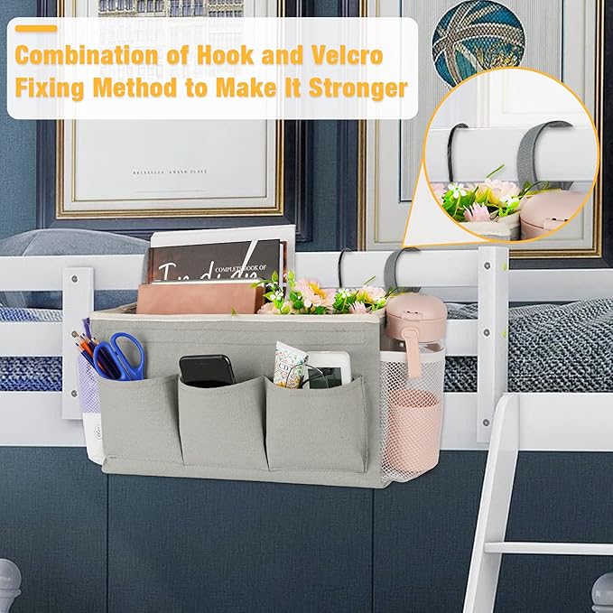 Bedside Caddy Organizer with Fixed Straps & Water Bottle Holder for Home, College Dorm, Bunk Bed, Hospital & Crib Bed Rails (2 pcs, Grey)-NeatNest