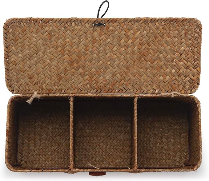 DOKOT Seagrass Woven Storage Basket with Lid, Rectangular Narrow Tampon Toilet Tank Organizer