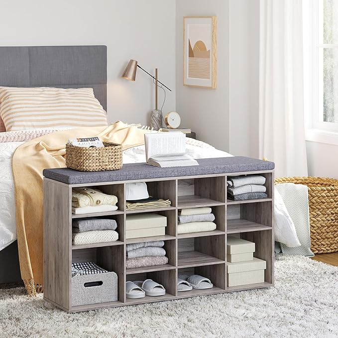 DINZI LVJ Shoe Storage Bench with Cushion, 16-Cubby Shoe Rack, Adjustable Shelves, Multifunctional Shoe Organizer Bench for Entryway, Mudroom, Hallway, Living Room, Bedroom and Garage, Greige-NeatNest