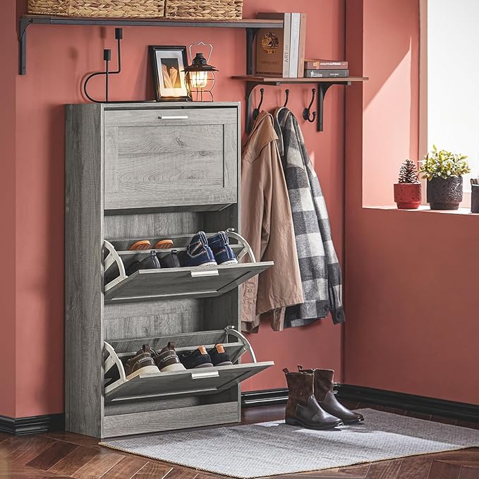 Haotian Shoe Storage Cabinet Entryway, Freestanding Shoe Cabinet with 3 Flip-Drawers Fully Enclosed Tall Shoe Rack Shoe Organizer, Grey, FSR137-L-HG-NeatNest