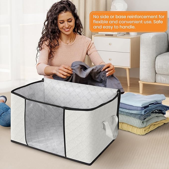 Fab totes 8 Pack Clothes Storage, Foldable Thick Fabric Blanket Storage Bags, Containers for Organizing Bedroom, Closet, Clothing, Comforter,Organization with Handle,Ivory White-NeatNest