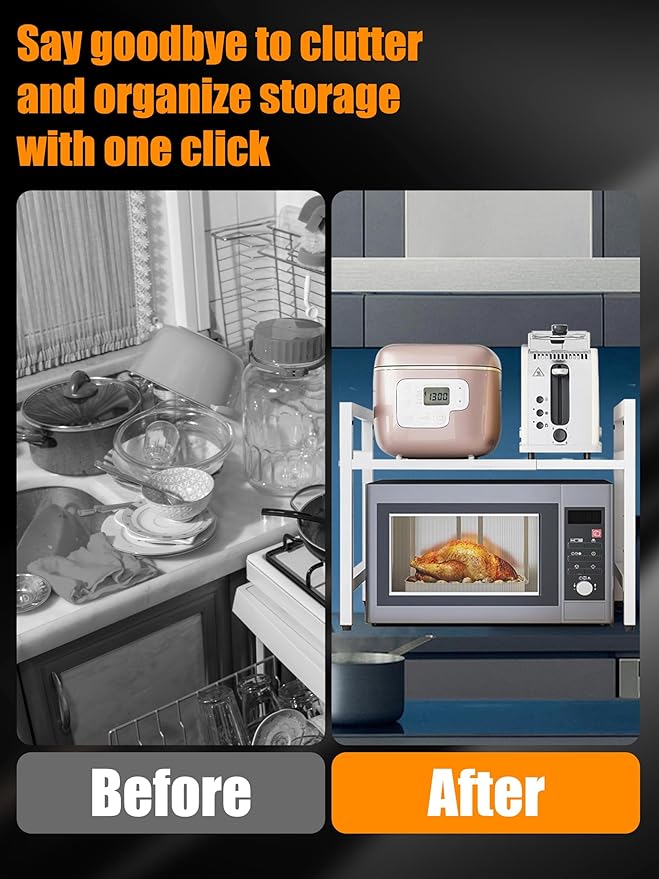Caliee Expandable Microwave Stand, Adjustable Countertop Storage Rack for Microwave, Tableware, and Pantry Items, Space-Saving Design for Kitchen, Cabinet, and Countertop (Black)-NeatNest
