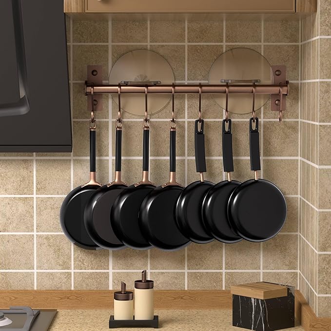 Dseap Kitchen Utensil Holder Hanger, Pot and Pan Rack Wall Mounted, Kitchen Rail with 8 Hooks for Hanging Cooking Utensils, Mugs, Spoons, Wall Mounted, Antique Copper, Pack of 2-NeatNest