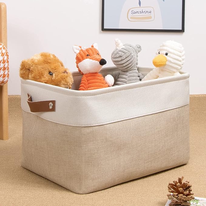 DULLEMELO Collapsible Rectangle Fabric Storage Basket for Organizing Clothes, Toys, Towels, Books, Laundry, Nursery, Dog Toys (White & Khaki)-NeatNest