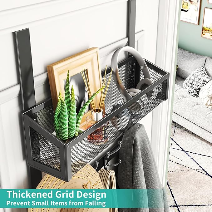 HapiRm Over The Door Hooks - Easy Installation Door Hanger with Basket and 16 Hooks, 304 Stainless Steel Storage Organizer for Towels, Coats, Bathroom, Kitchen, Dorm - Black