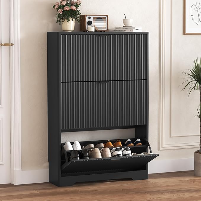 Shoe Cabinet Storage for Entryway with 3 Flip Drawers, Black Fluted Shoe Cabinet with Adjustable Shelves, Wooden Hidden Shoe Rack Freestanding Narrow Slim Shoes Storage for Hallway, Entrance