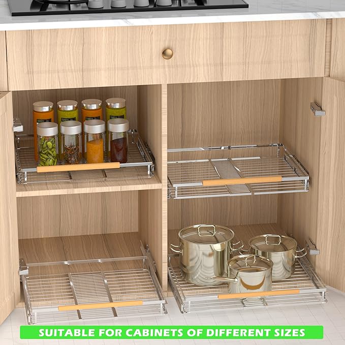Adjustable Pull Out Shelves for Kitchen Cabinet, Expandable Pull Out Drawders for Cabinets, Pull Out Cabinet Organizer Roll Out Drawers, Stainless Steel, Cabinet Width 16.2" - 26.2", 1 Pack-NeatNest