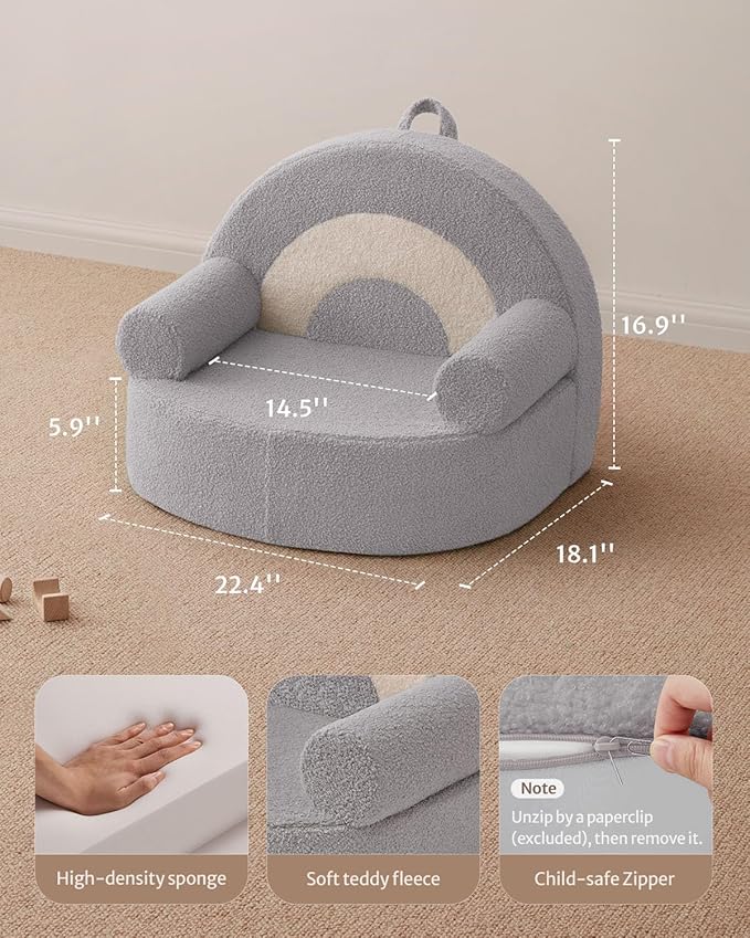 Blissful Diary Toddler Chair Comfy, Foam Kids Chair with Soft Teddy Plush, Toddler Reading Armchair for 1 2 3+ Year Old Girls Boys Baby Birthday Gift, Light Gray Arclet-NeatNest
