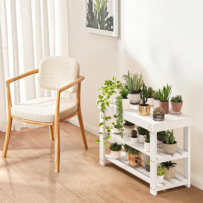 Pipishell Bamboo Shoe Rack Bench, 3-Tier Sturdy Shoe Organizer, Storage Shoe Bench, Holds up to 300lbs for Entryway Bedroom Living Room Balcony (White)-NeatNest