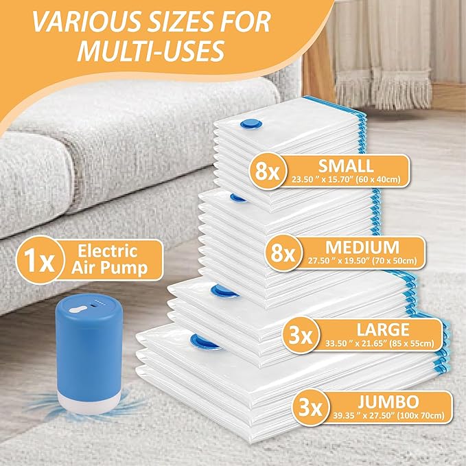 Vacuum Storage Bags with Electric Pump, 22 Pack (3 Jumbo/3 Large/8 Medium/8 Small) Vacuum Seal Space Saver Bags for Clothing, Pillows, Blanket, Bedding, Comforters-NeatNest