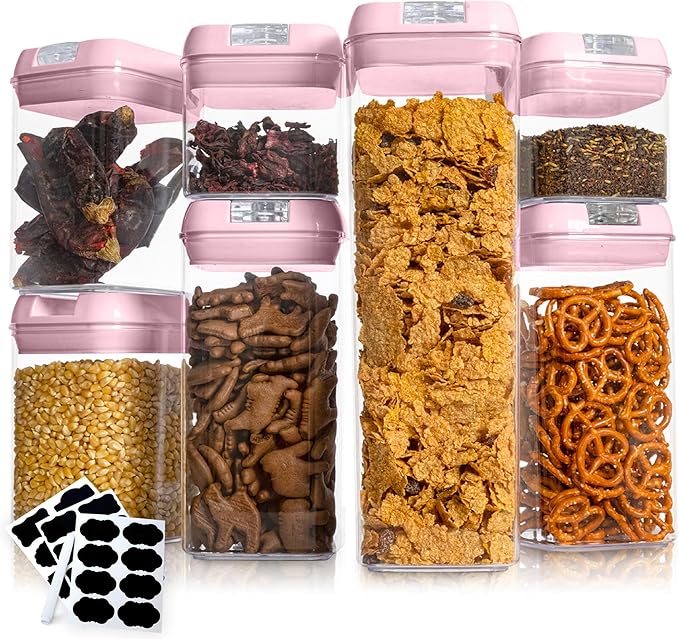 Cheer Collection Stackable Airtight Food Storage Containers - BPA Free Plastic Food Organizer for Pantry with Dry Erase Marker and Labels, Pink (Set of 7)