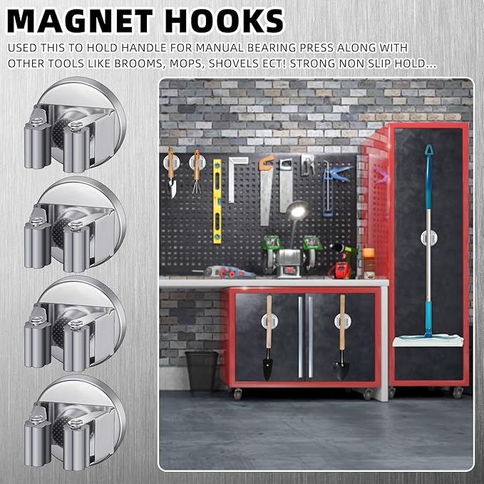 4 Pcs Magnetic Mop Broom Holder Movable Magnetic Broom Holder Rack, Anti Slip Wall Mounted Utility for Cleaning Tools, Garage, Kitchen, Laundry, Garden (Silver)