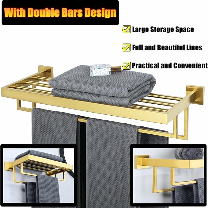 Alise 16 Inch Towel Racks for Bathroom, Towel Rack Wall Mounted with Double Towel Bars, SUS 304 Stainless Steel Towel Shelf, Heavy Duty Hand Towel Holder(Gold Finish)