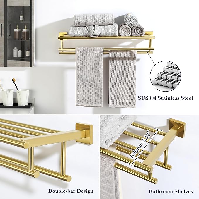 Alise Double Towel Rack for Bathroom,24 in Bathroom Tower Holder Towel Shelf with Double Towel Bars Wall Mount,SUS304 Stainless Steel Towel Hanger Double Tower Bar for Bathroom Wall,Brushed Gold
