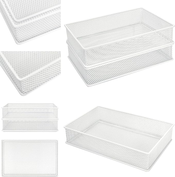 Annova Mesh Stackable Drawer Cabinet and Shelf Organizer Bins Storage Basket School Office Supply Holder Tray- Set of 2 (White, 6x9x2 Inch)-NeatNest