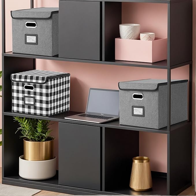 File Organizer Box, Linen Filing Organizer with Lid, Large Desktop File Boxes, Black and White Lattice