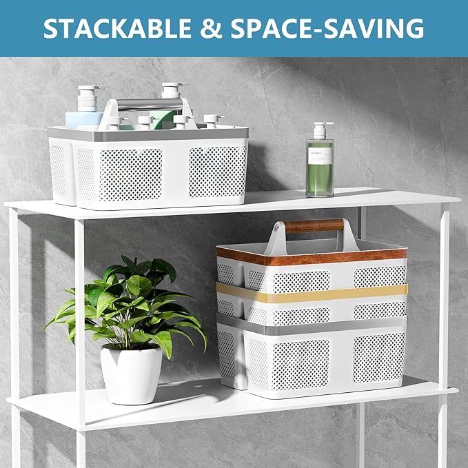 2Pack Shower Caddy Dorm: Portable Bathroom Caddy Organizer with Handle and Holes, Plastic Cleaning Caddy, Hard Shower Basket Storage Tote for Toiletry, College Dorm Room Essentials White/Silver