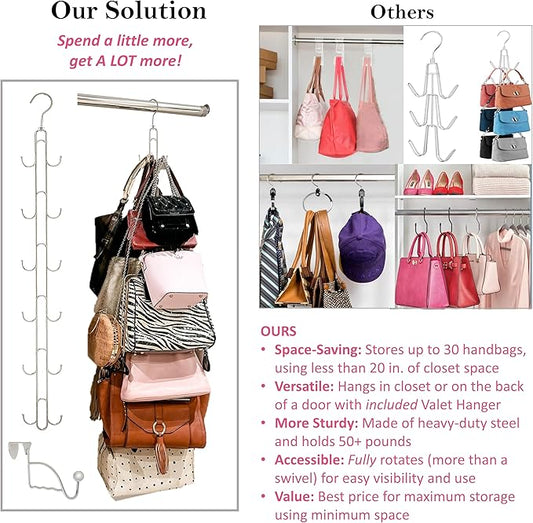 Boottique 2-Pk Over Door Hanging Purse Storage - Durable, Holds 50 POUNDS, ROTATES 360 for Easy Access; Purses, Handbags, Satchels, Crossovers, Backpacks,12 Hooks, Chrome (Set of 2)…-NeatNest