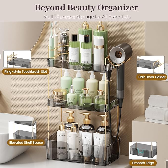 Aveniee Bathroom Counter Organizer,3 Tier Skincare Perfume Countertop Storage with Hair Dryer Rack and Toothbrush Holder, Cosmetic Makeup Tray for Vanity,Grey-NeatNest