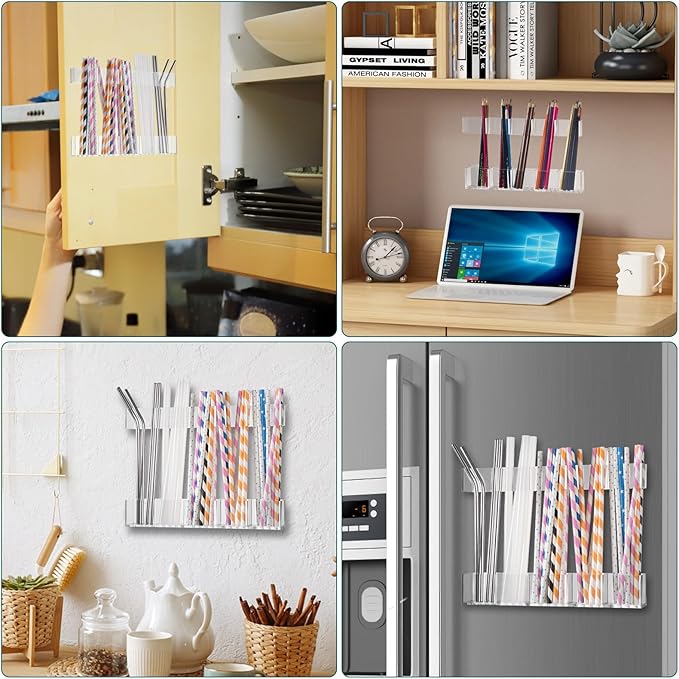 9.5” Large Acrylic Straw Holder for Cabinet Door, Reusable Straw Cabinet Organizer with Double-Sided Adhesive Tape for Kitchen Counter Cupboard (Transparent)