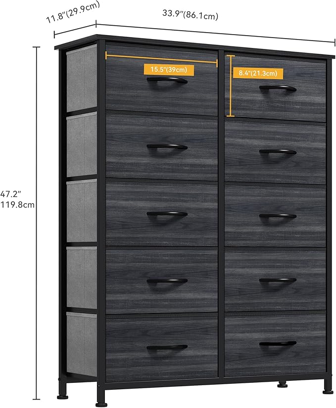 DWVO 10 Drawer Dresser - Fabric Storage Tower, Organizer Unit for Living Room, Hallway, Closets - Sturdy Steel Frame, Wooden Top & Easy Pull Fabric Bins-NeatNest