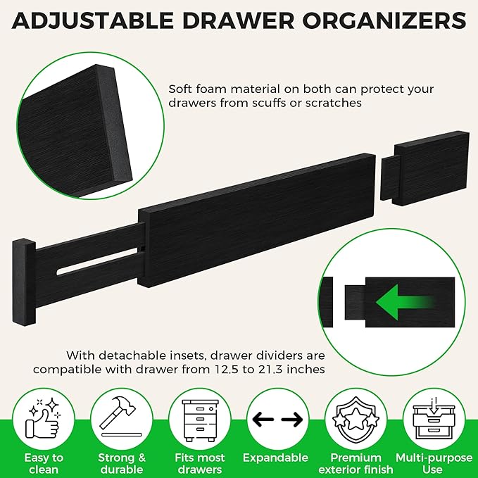 Bamboo Drawer Dividers Organizer with Inserts, Expandable from 12.5-21.7", Adjustable Drawer Organizer Separators for Utensils, Dresser, Bedroom, Bathroom, Closet, Clothing, Office (Black)-NeatNest